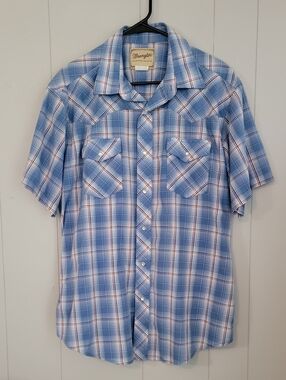 Wrangler Men's Shirt XL Blue Pearl Snap Button Down Plaid Short Sleeve